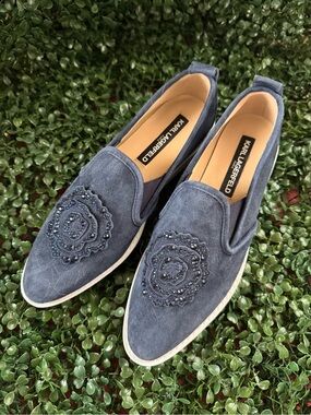 Karl Lagerfeld Navy Blue Suede Espadrille Slip-Ons with Beaded Floral Detail